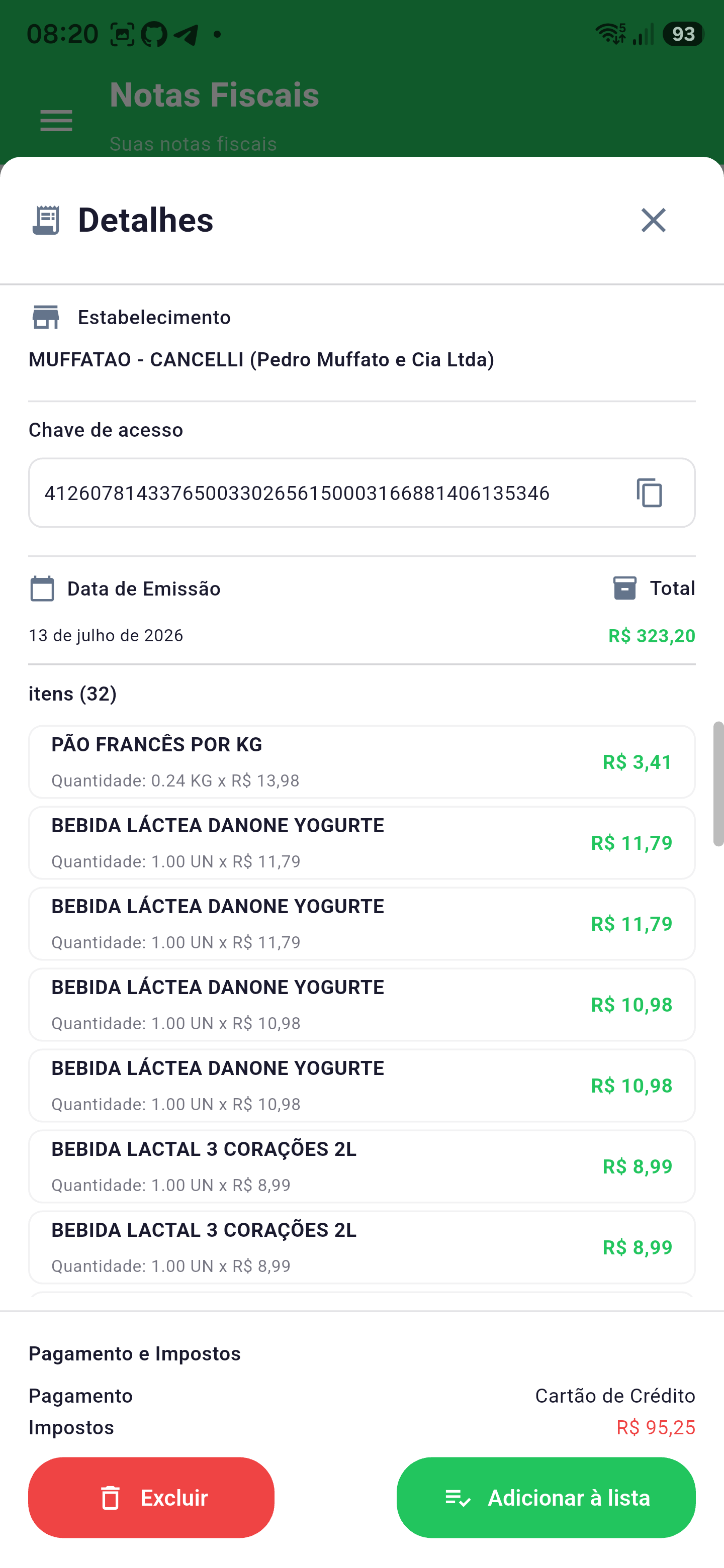 Produtos importados da nota fiscal