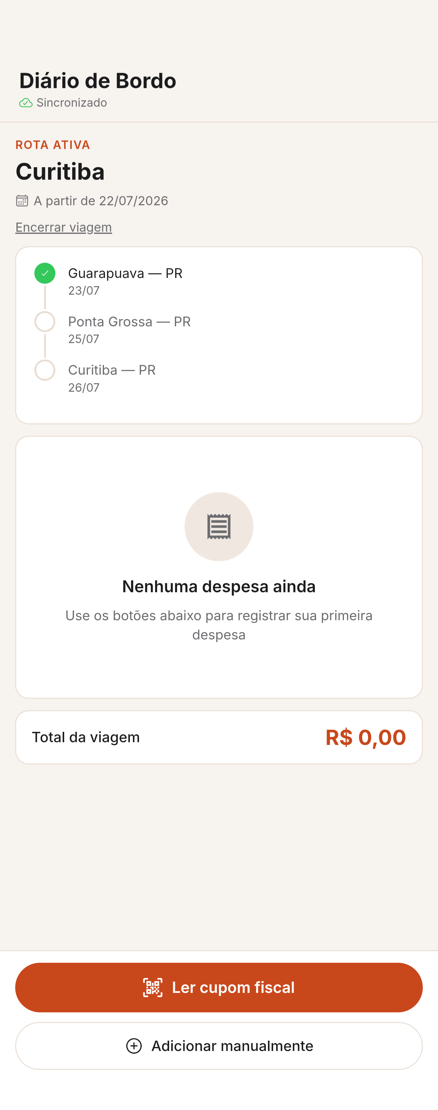 Resumo da viagem no celular