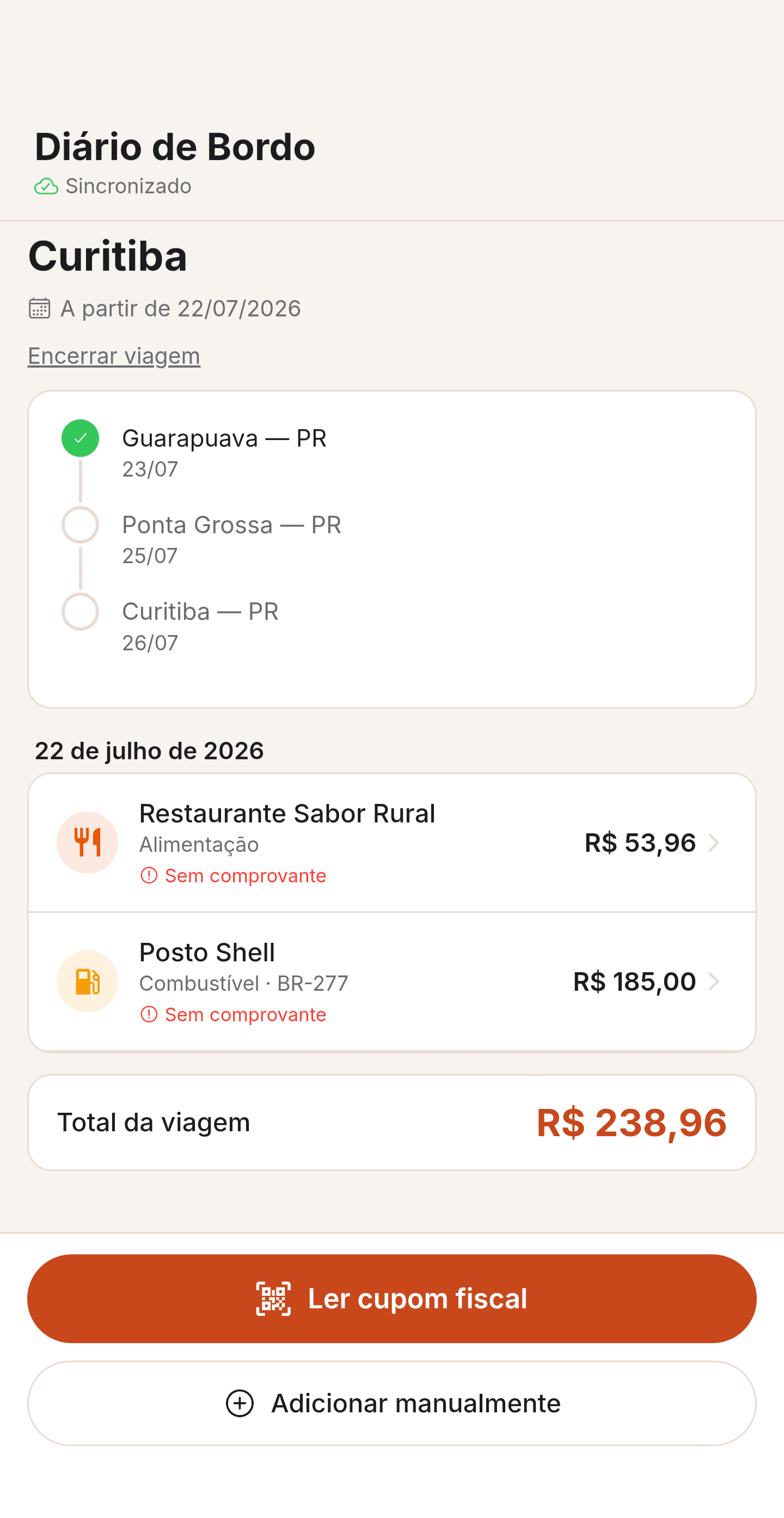 Despesas registradas durante a rota