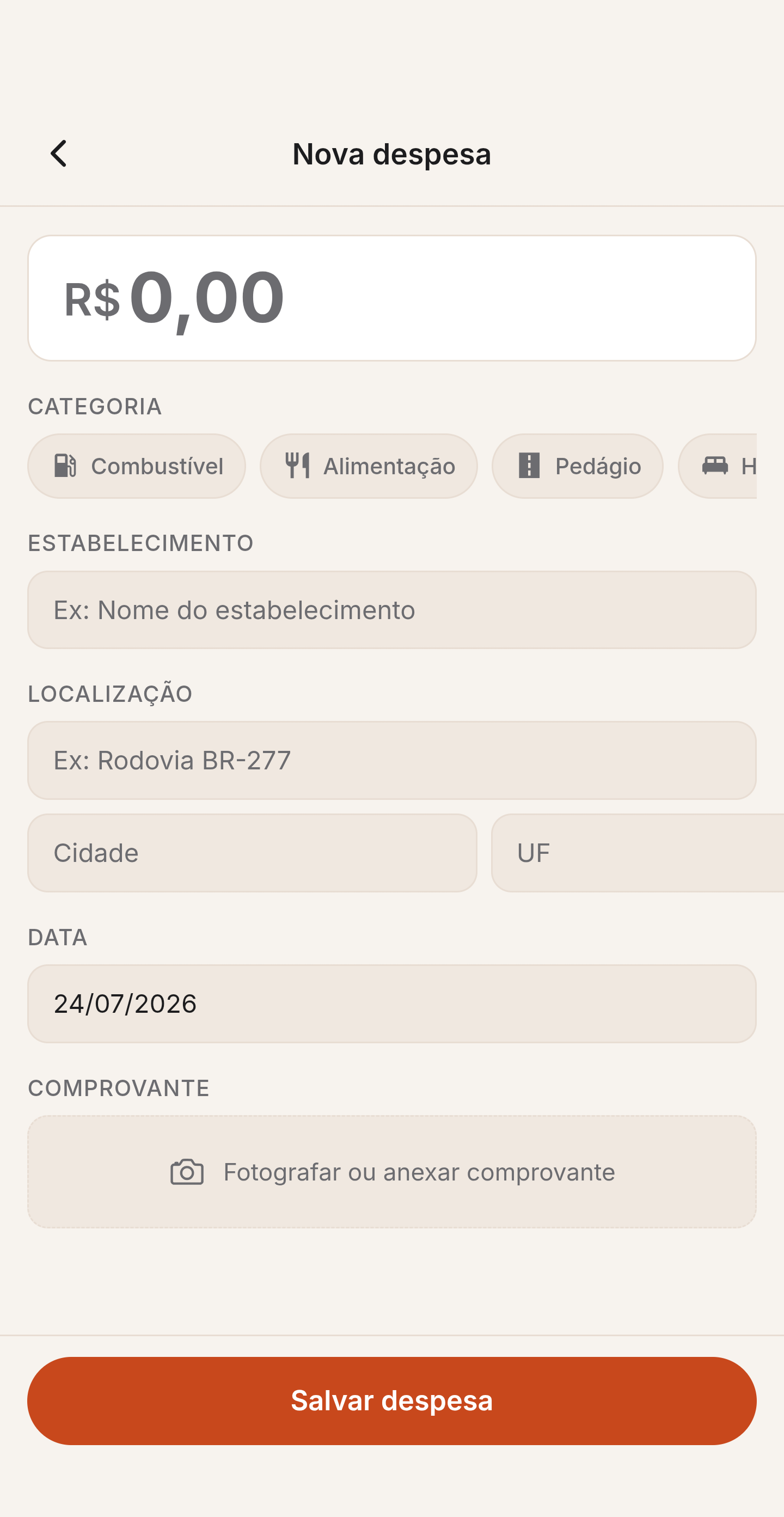 Cadastro manual de uma despesa